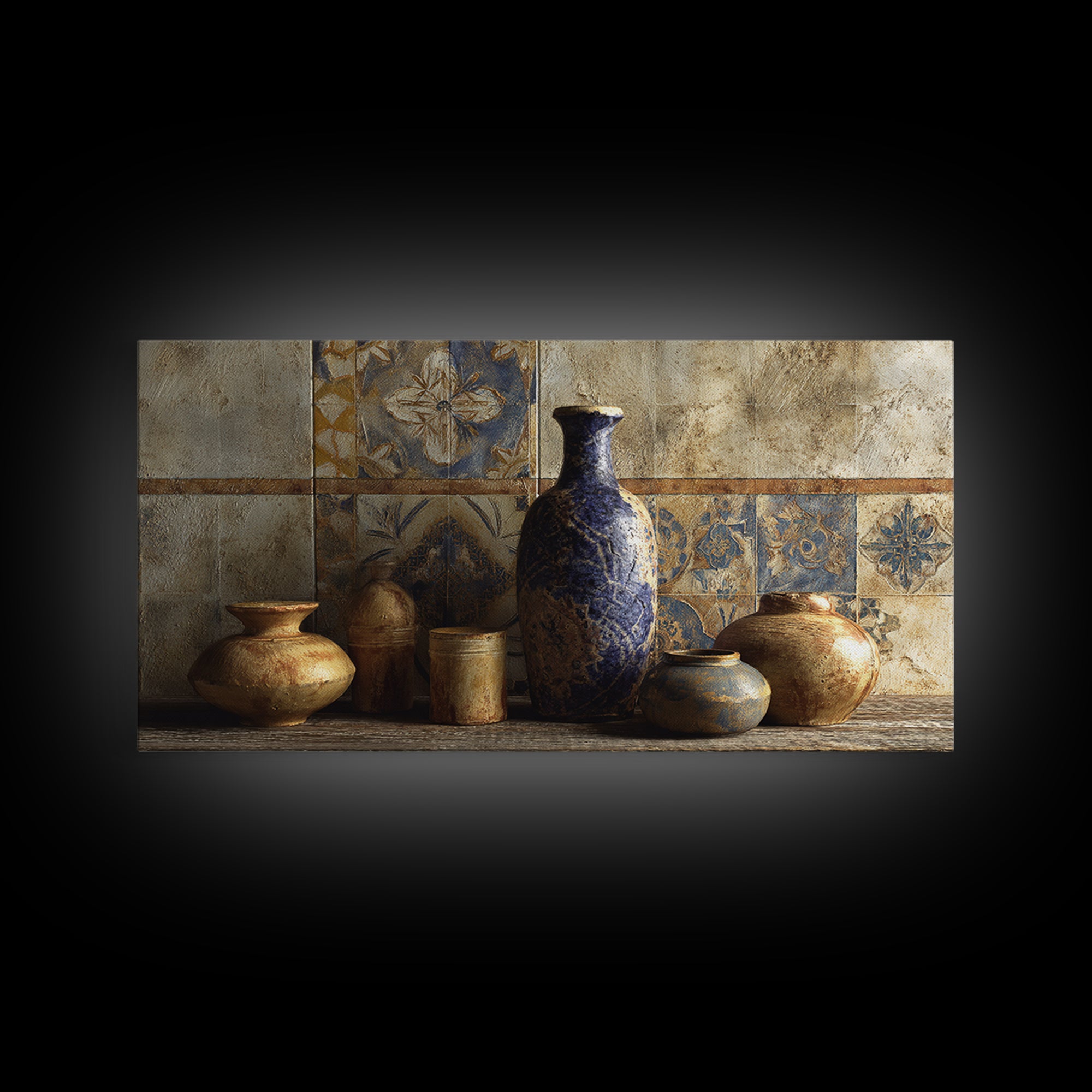 Spanish Tile Ornament Framed Canvas Print, Mediterranean Art, Luxury Decor, Living Room Decor, Fine Art, Azure, Framed Wall Art, MAR-2x1-12