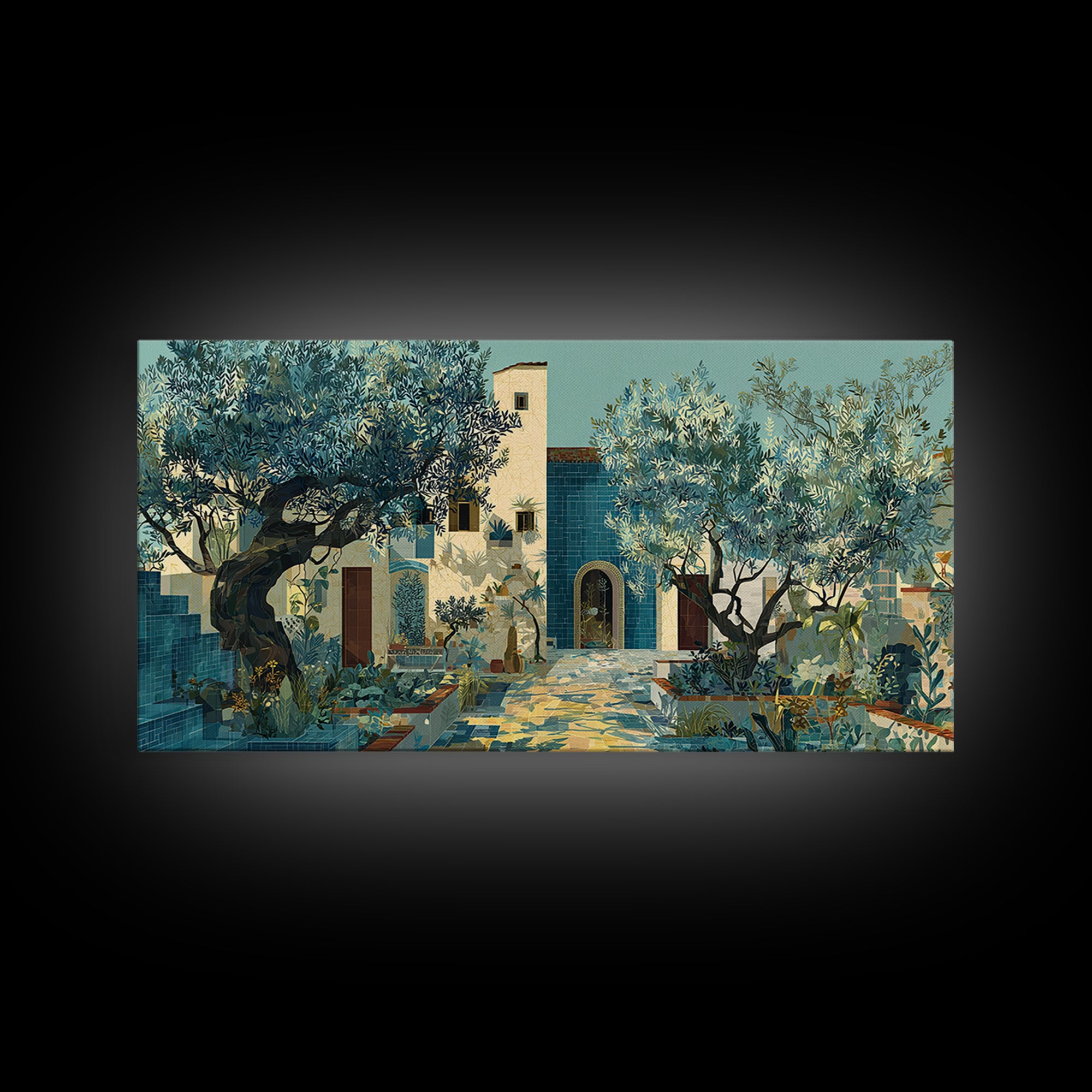 Olive Grove under Pale Morning Light Framed Canvas Print, Mediterranean Art, Boho Decor, Living Room Decor, Fine Art, Azure, MAR-2x1-13