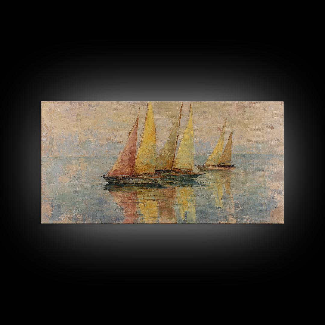 Mediterranean Sailboat on Glassy Water Framed Canvas Print, Mediterranean Art, Travel Poster, Living Room Decor, Watercolor Art, MAR-2x1-14