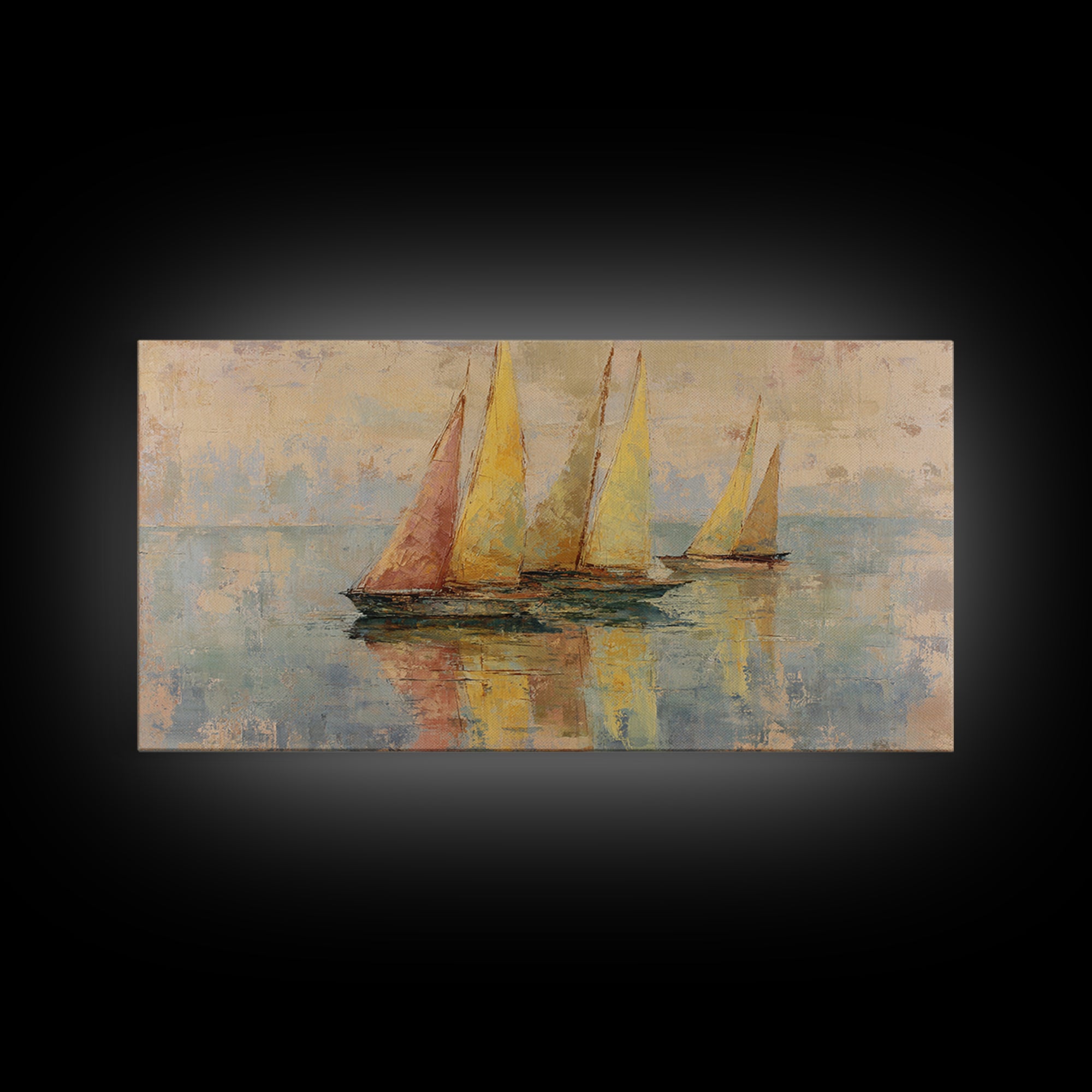 Mediterranean Sailboat on Glassy Water Framed Canvas Print, Mediterranean Art, Travel Poster, Living Room Decor, Watercolor Art, MAR-2x1-14