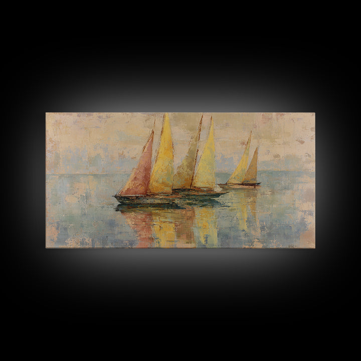 Mediterranean Sailboat on Glassy Water Framed Canvas Print, Mediterranean Art, Travel Poster, Living Room Decor, Watercolor Art, MAR-2x1-14