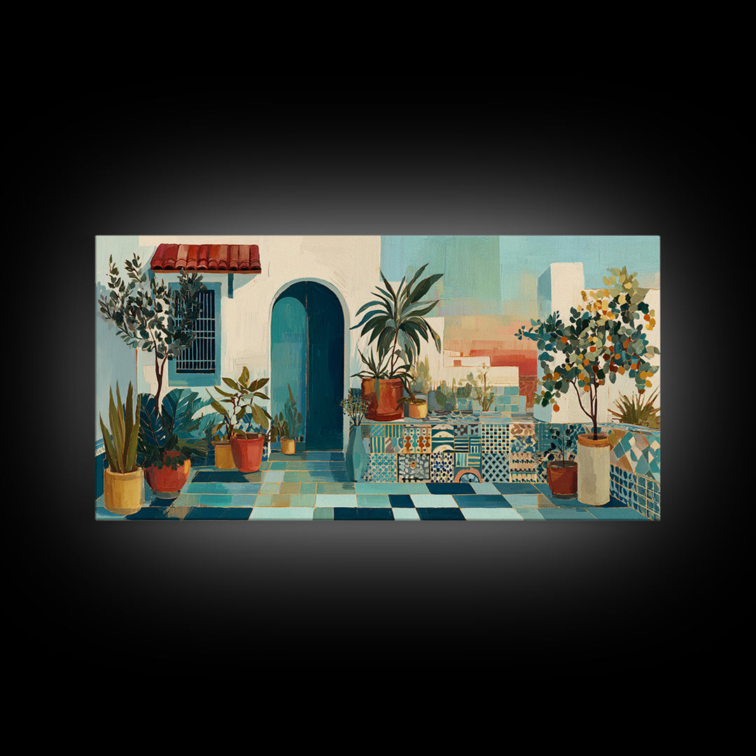 Sunset over Red Tiled Rooftops Framed Canvas Print, Mediterranean Art, Gallery Wall Art, Living Room Decor, Fine Art, Azure, MAR-2x1-19