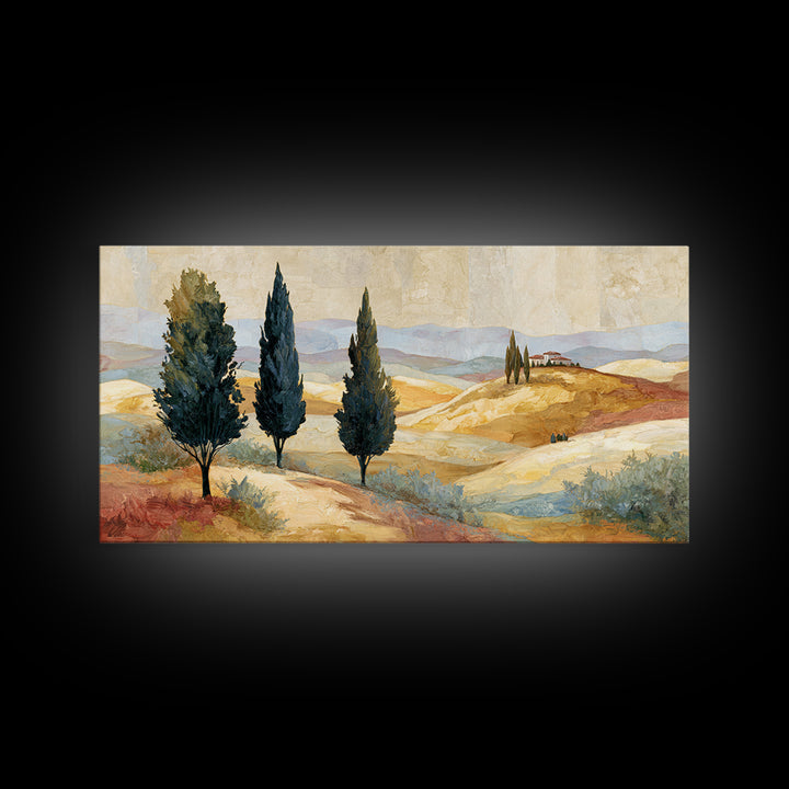 Tuscan Cypress Trees and Golden Hillside Canvas Print, Mediterranean Art, Neutral Decor, Living Room Decor, Abstract Art, Azure, MAR-2x1-2
