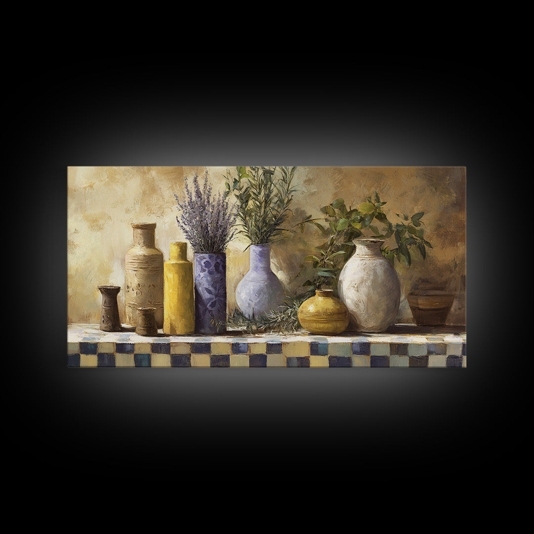 Wild Herbs Rosemary and Thyme Botanical Study Framed Canvas Print, Mediterranean Art, Fine Art Print, Living Room Decor, Azure, MAR-2x1-20