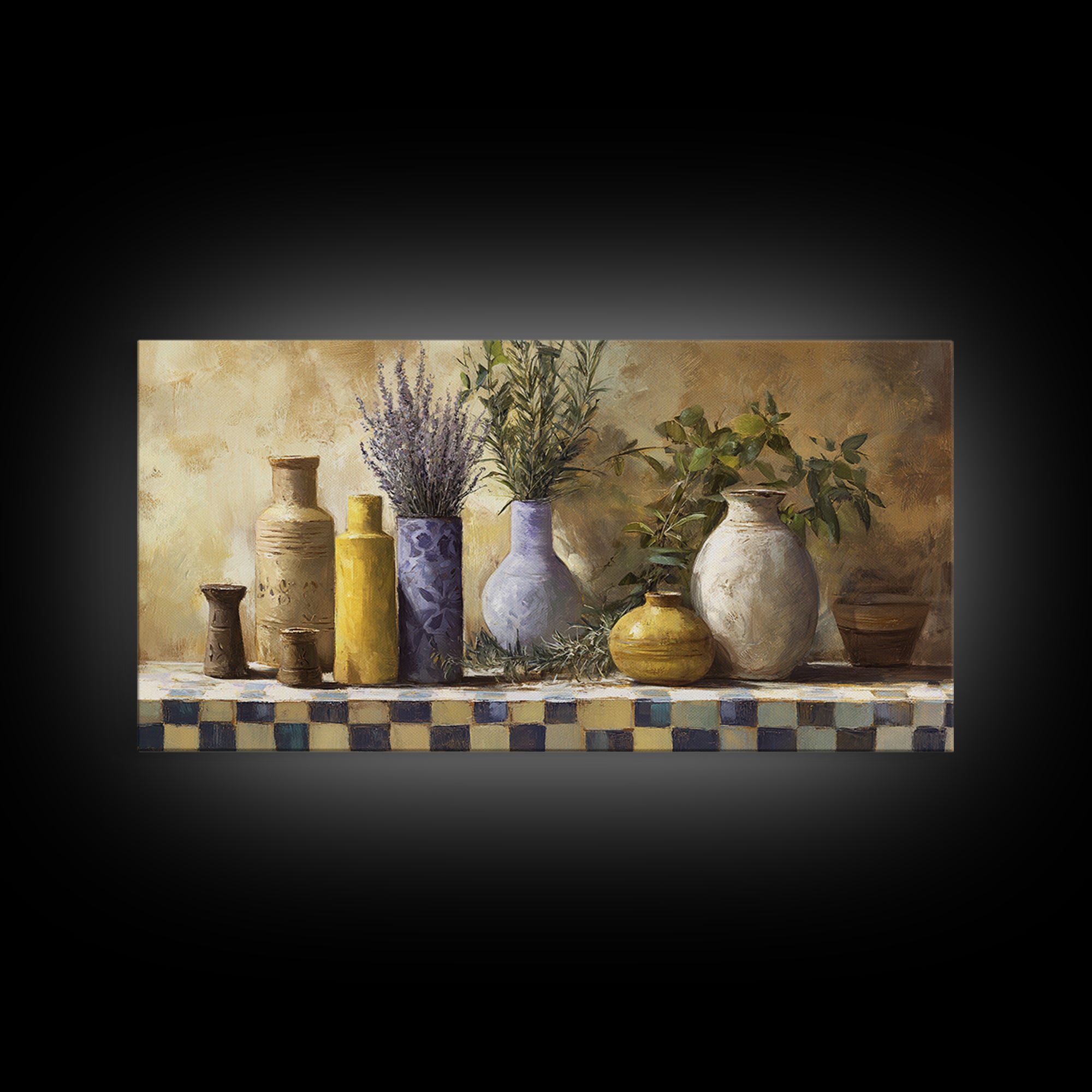 Wild Herbs Rosemary and Thyme Botanical Study Framed Canvas Print, Mediterranean Art, Fine Art Print, Living Room Decor, Azure, MAR-2x1-20