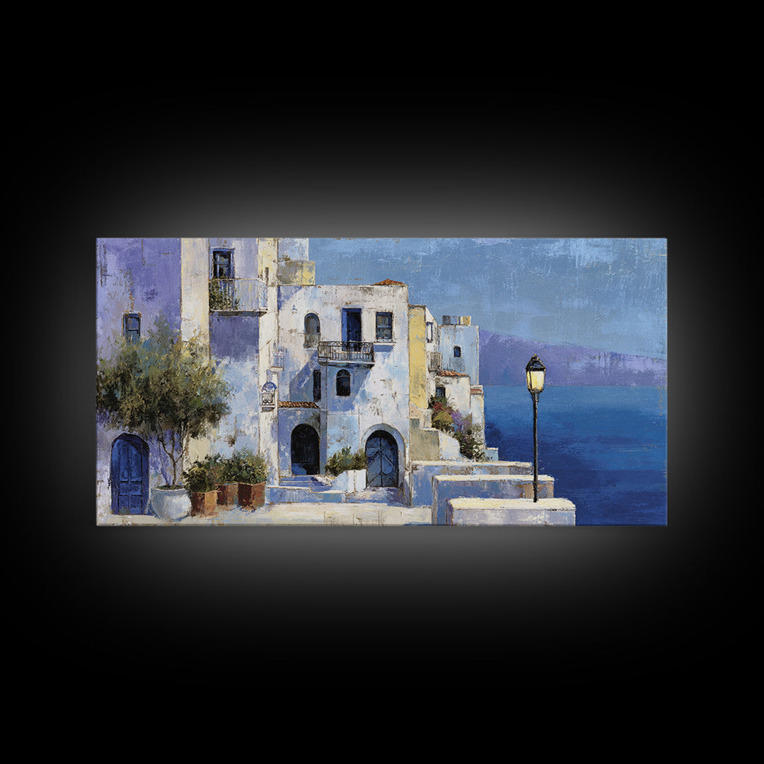 Greek Island White Buildings Above Blue Sea Canvas Print, Mediterranean Art, Luxury Decor, Living Room Decor, Oil Painting, MAR-2x1-21