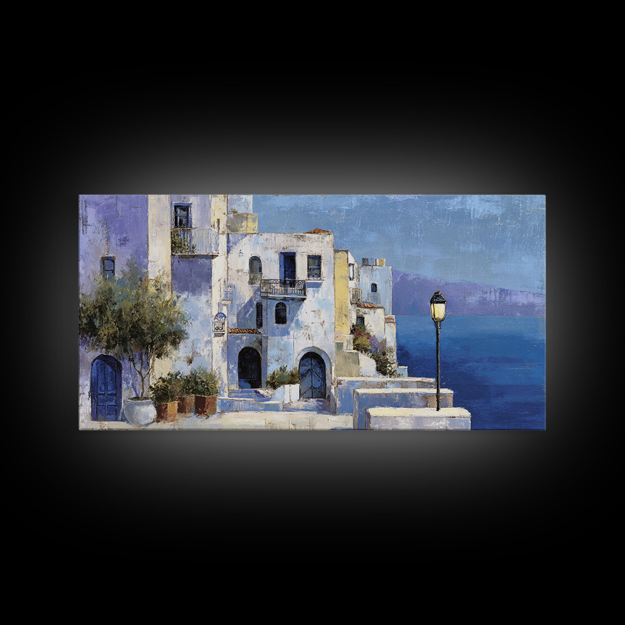 Greek Island White Buildings Above Blue Sea Canvas Print, Mediterranean Art, Luxury Decor, Living Room Decor, Oil Painting, MAR-2x1-21