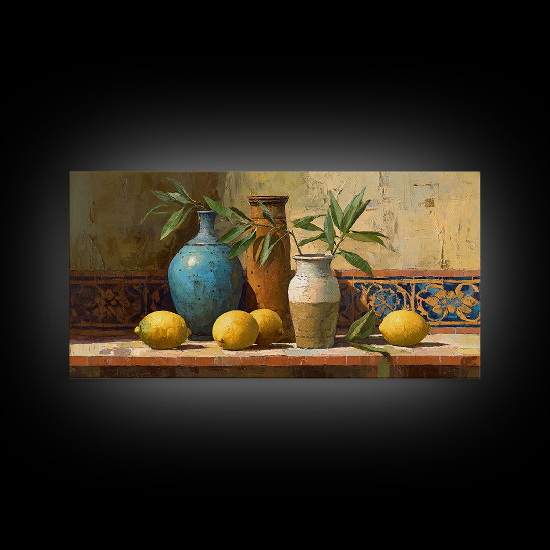 Olive Branch and Lemons on Terracotta Ground Canvas Print, Mediterranean Art, Wall Decor, Living Room Decor, Fine Art, Azure, MAR-2x1-22