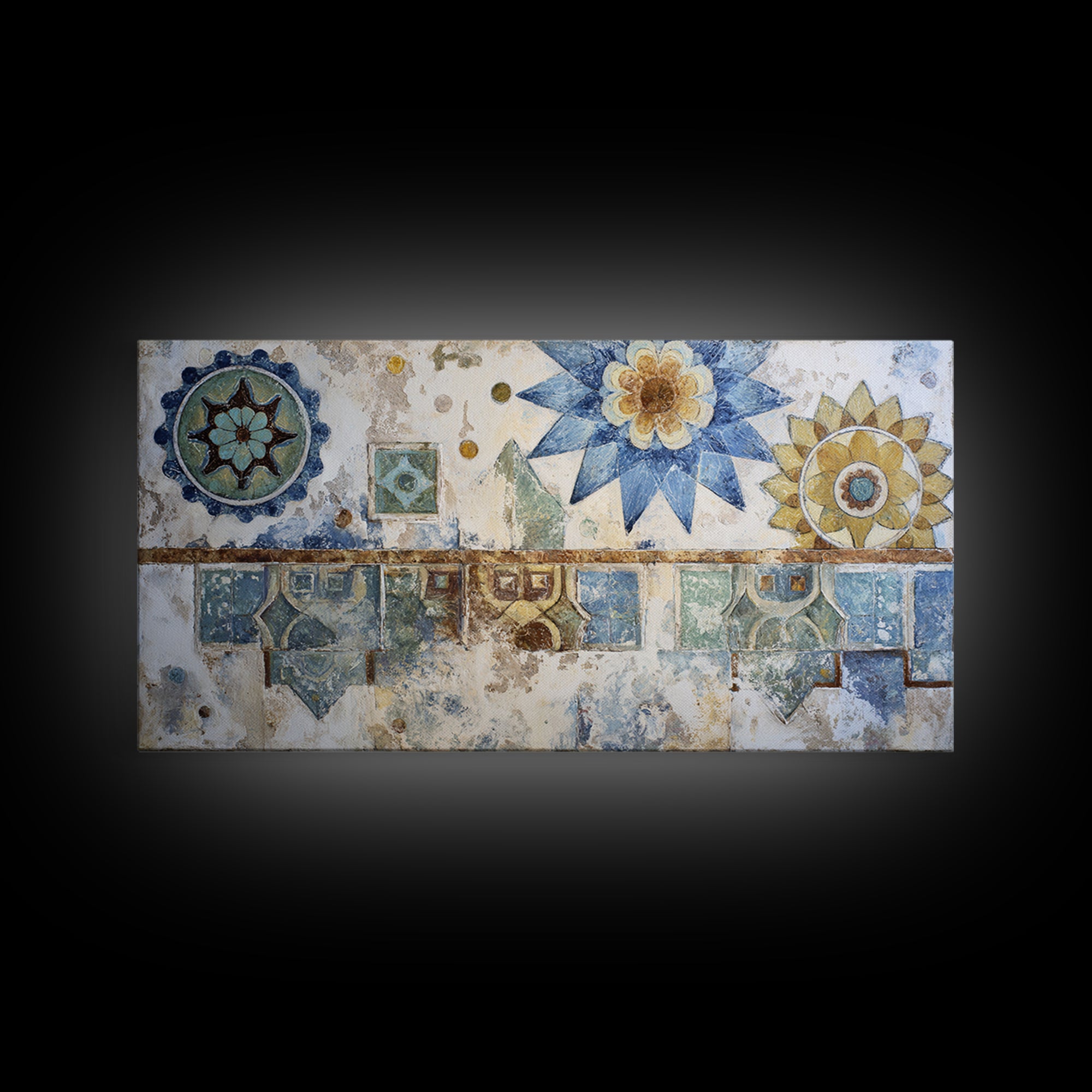 Blue and White Tile Pattern Framed Canvas Print, Mediterranean Art, Textured Painting, Living Room Decor, Fine Art, Azure, MAR-2x1-24