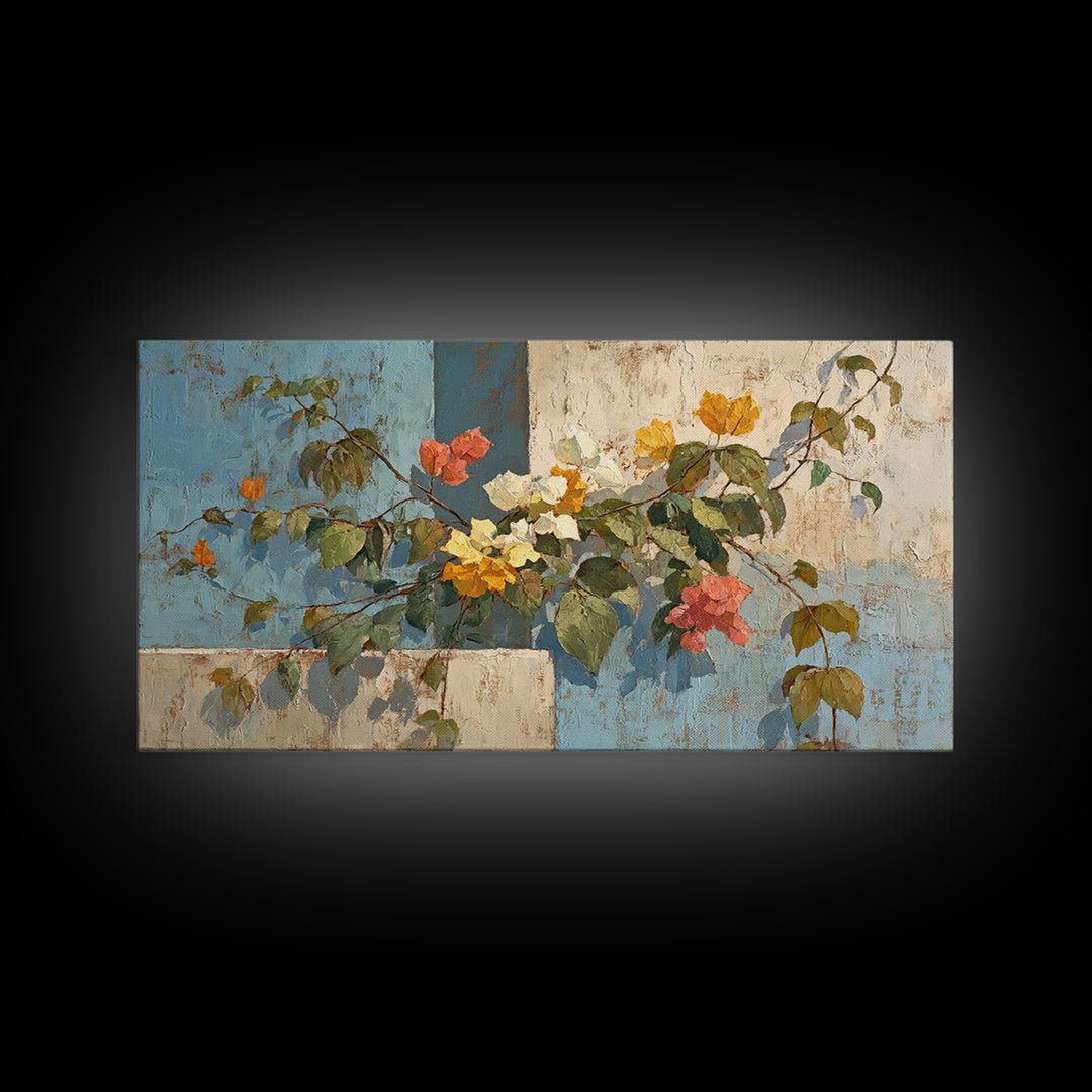 Bougainvillea Cascading over Stone Wall Framed Canvas Print, Mediterranean Art, Art Print, Living Room Decor, Fine Art, Azure, MAR-2x1-25