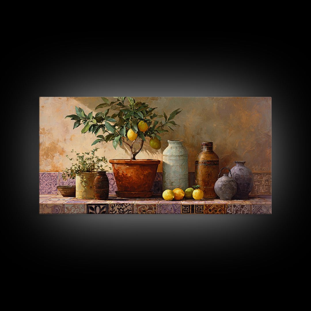 Citrus Tree in Clay Pot Framed Canvas Print, Mediterranean Art, Modern Decor, Living Room Decor, Fine Art, Azure, MAR-2x1-30