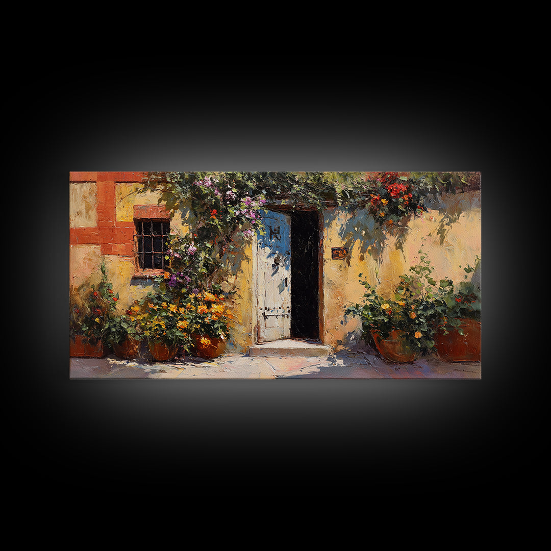 Sunlit Courtyard Doorway Canvas Print, Mediterranean Art, Large Wall Art, Living Room Decor, Azure, Digital Art Prints, MAR-2x1-31