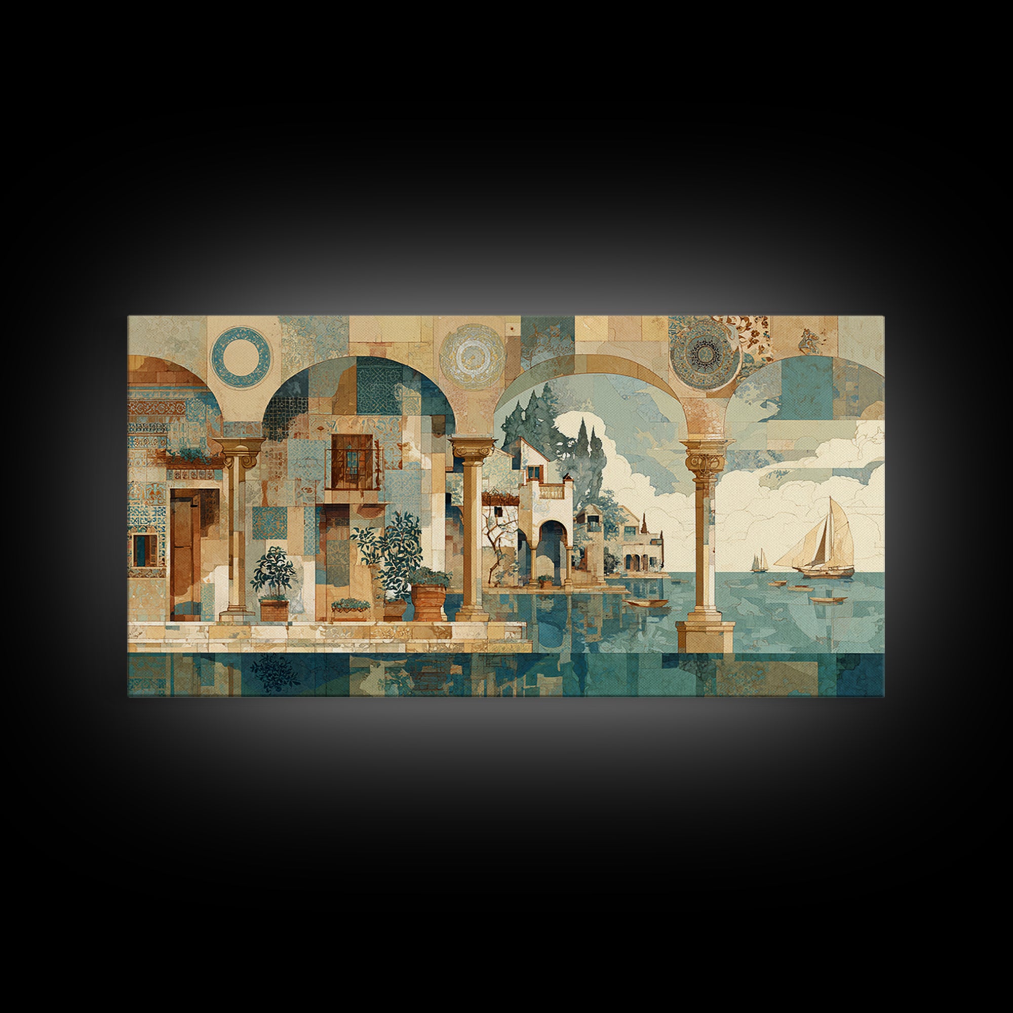 Ancient Column with Sea and Sky Beyond Canvas Print, Mediterranean Art, Minimalist Decor, Living Room Decor, Oil Painting, MAR-2x1-32