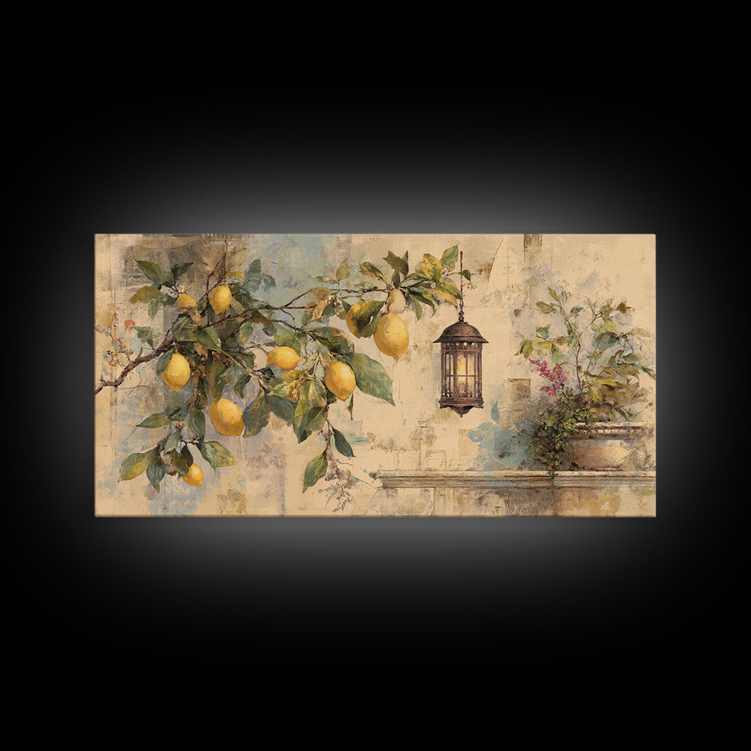 Sicilian Lemon Branch on Ivory Background Canvas Print, Mediterranean Art, Statement Artwork, Living Room Decor, Azure, MAR-2x1-33