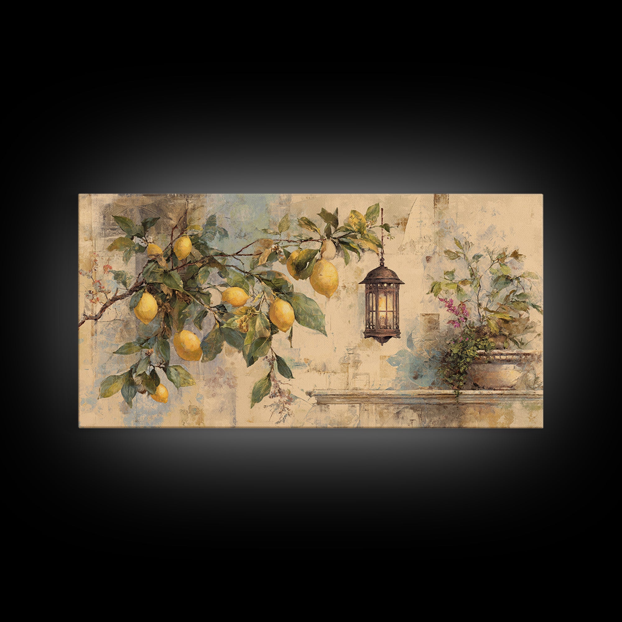 Sicilian Lemon Branch on Ivory Background Canvas Print, Mediterranean Art, Statement Artwork, Living Room Decor, Azure, MAR-2x1-33