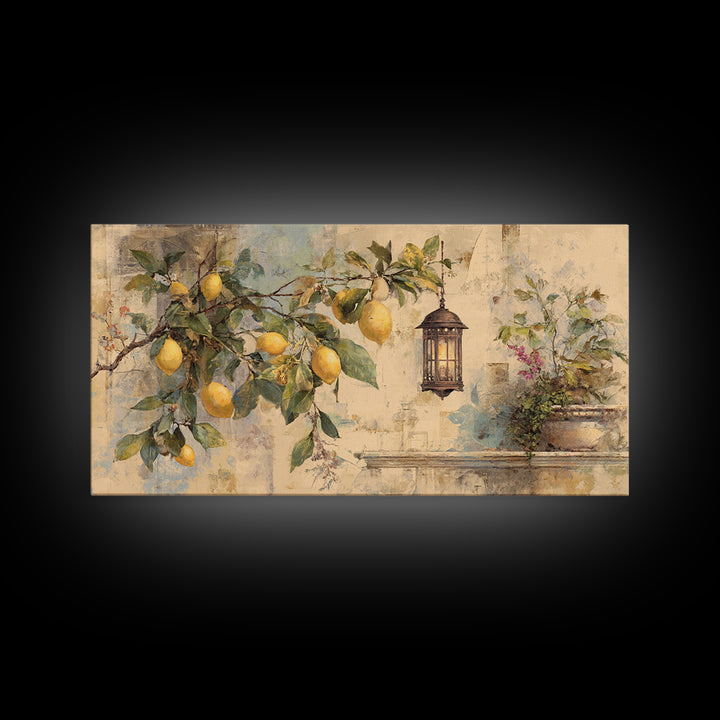 Sicilian Lemon Branch on Ivory Background Canvas Print, Mediterranean Art, Statement Artwork, Living Room Decor, Azure, MAR-2x1-33