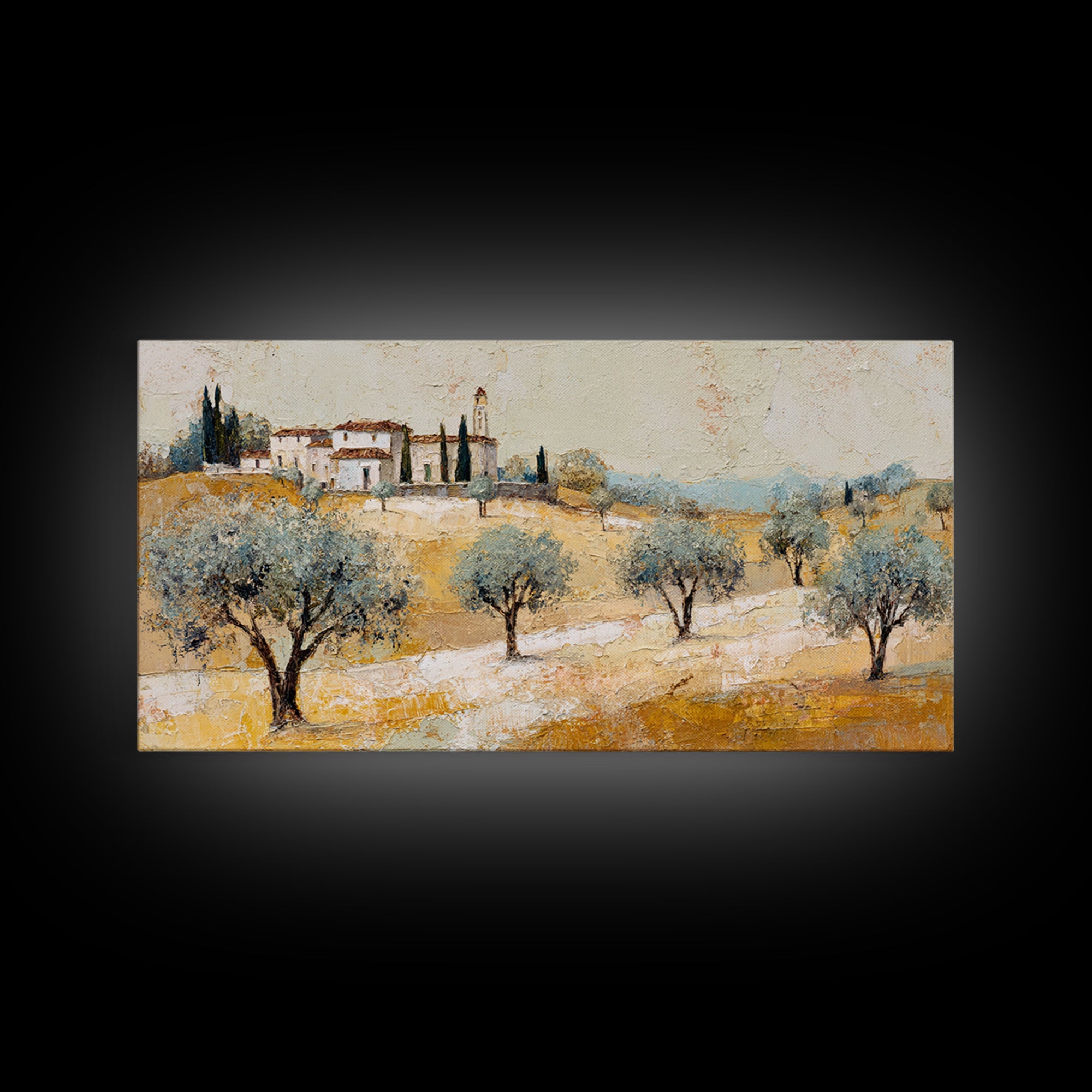 Olive Grove under Pale Morning Light Framed Canvas Print, Mediterranean Art, Boho Decor, Living Room Decor, Fine Art, Azure, MAR-2x1-37