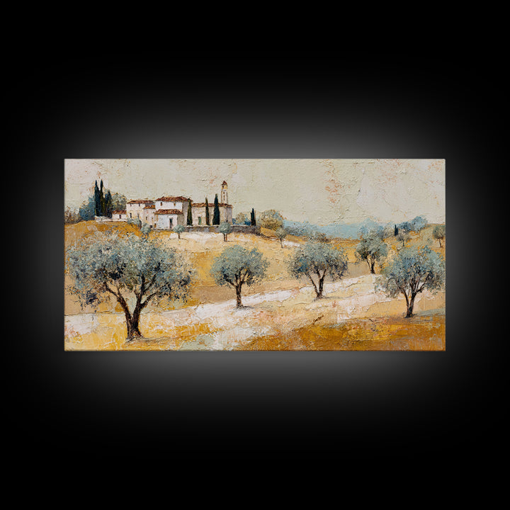 Olive Grove under Pale Morning Light Framed Canvas Print, Mediterranean Art, Boho Decor, Living Room Decor, Fine Art, Azure, MAR-2x1-37