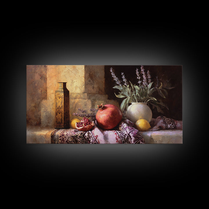 Pomegranate Still Life Canvas Print, Mediterranean Art, Living Room Decor, Oil Painting, Azure, Modern Wall Art, MAR-2x1-39