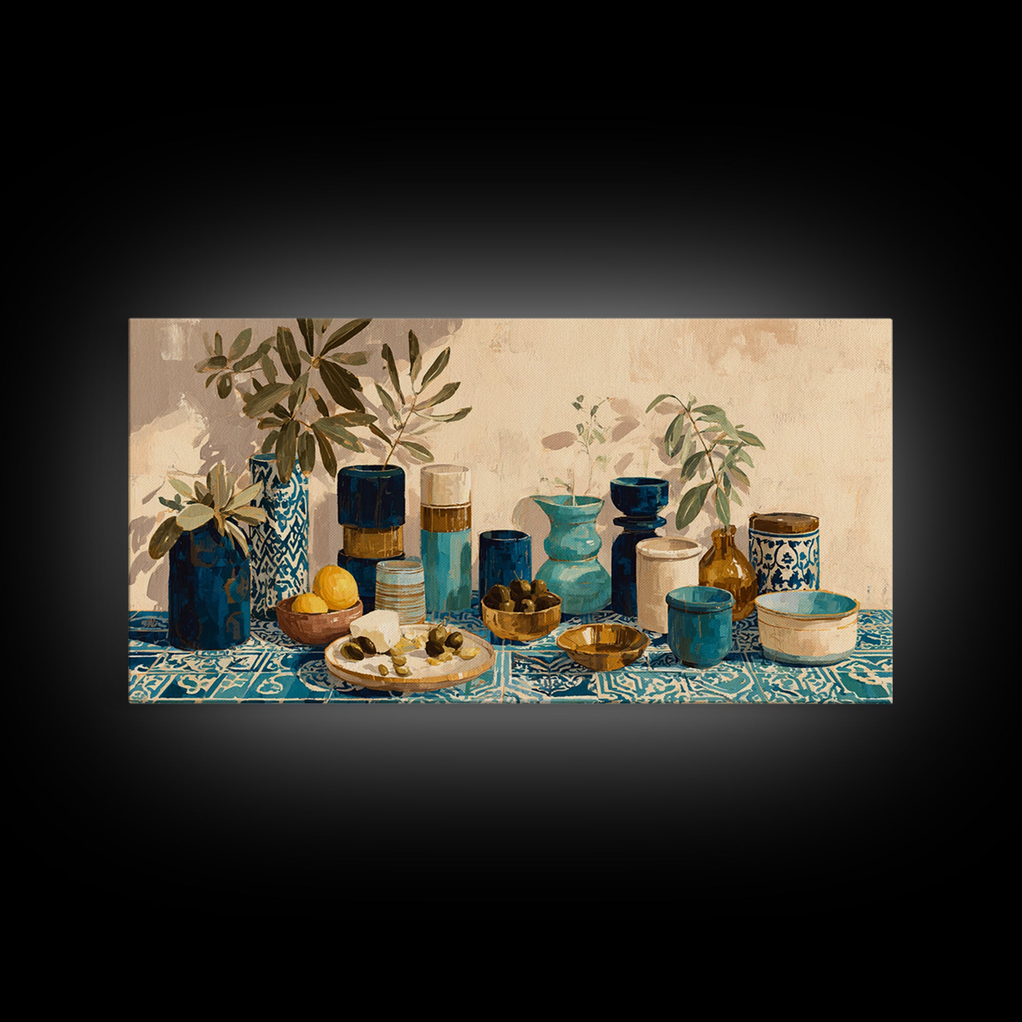 Figs Olives and Cheese Still Life Canvas Print, Mediterranean Art, Boho Decor, Living Room Decor, Azure, Digital Wall Art, MAR-2x1-4