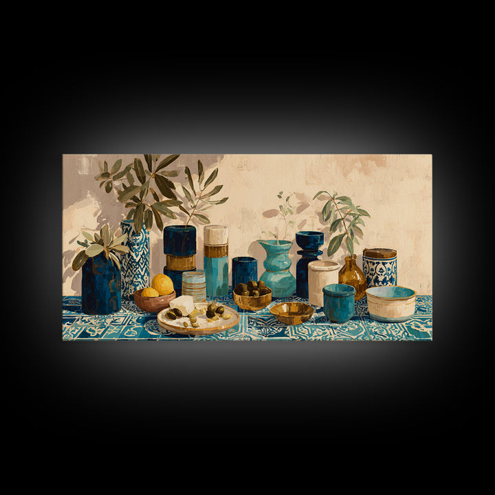 Figs Olives and Cheese Still Life Canvas Print, Mediterranean Art, Boho Decor, Living Room Decor, Azure, Digital Wall Art, MAR-2x1-4