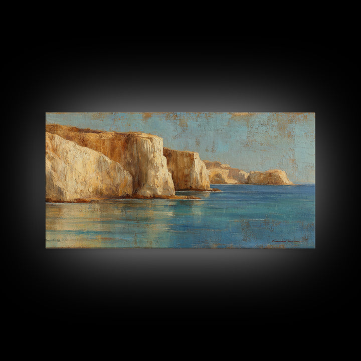 Coastal Cliffs with Sparkling Blue Water Framed Canvas Print, Mediterranean Art, Home Decor, Living Room Decor, Fine Art, Azure, MAR-2x1-40