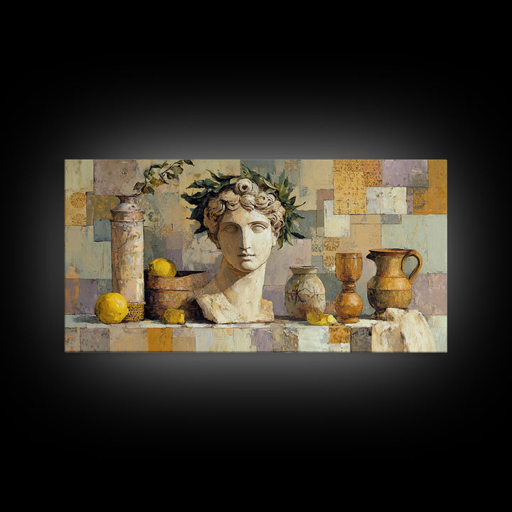 Roman Statue Bust Framed Canvas Print, Mediterranean Art, Gallery Decor, Living Room Decor, Fine Art, Azure, Minimalist Decor, MAR-2x1-42