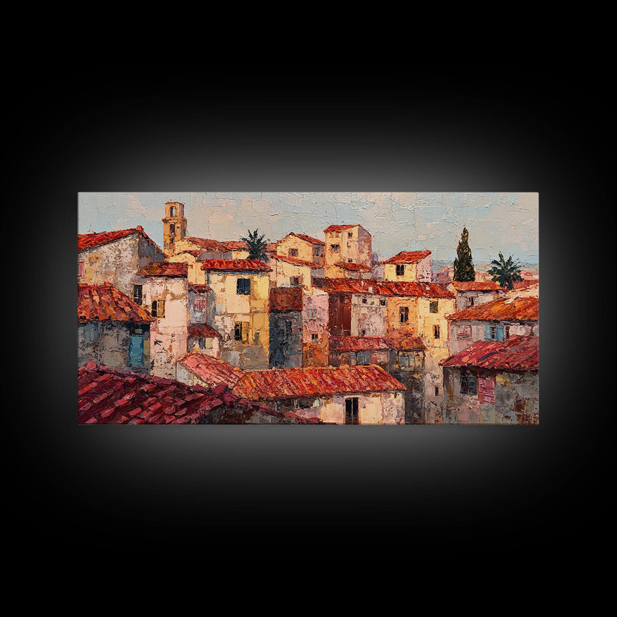 Sunset over Red Tiled Rooftops Framed Canvas Print, Mediterranean Art, Original Painting, Living Room Decor, Fine Art, Azure, MAR-2x1-43