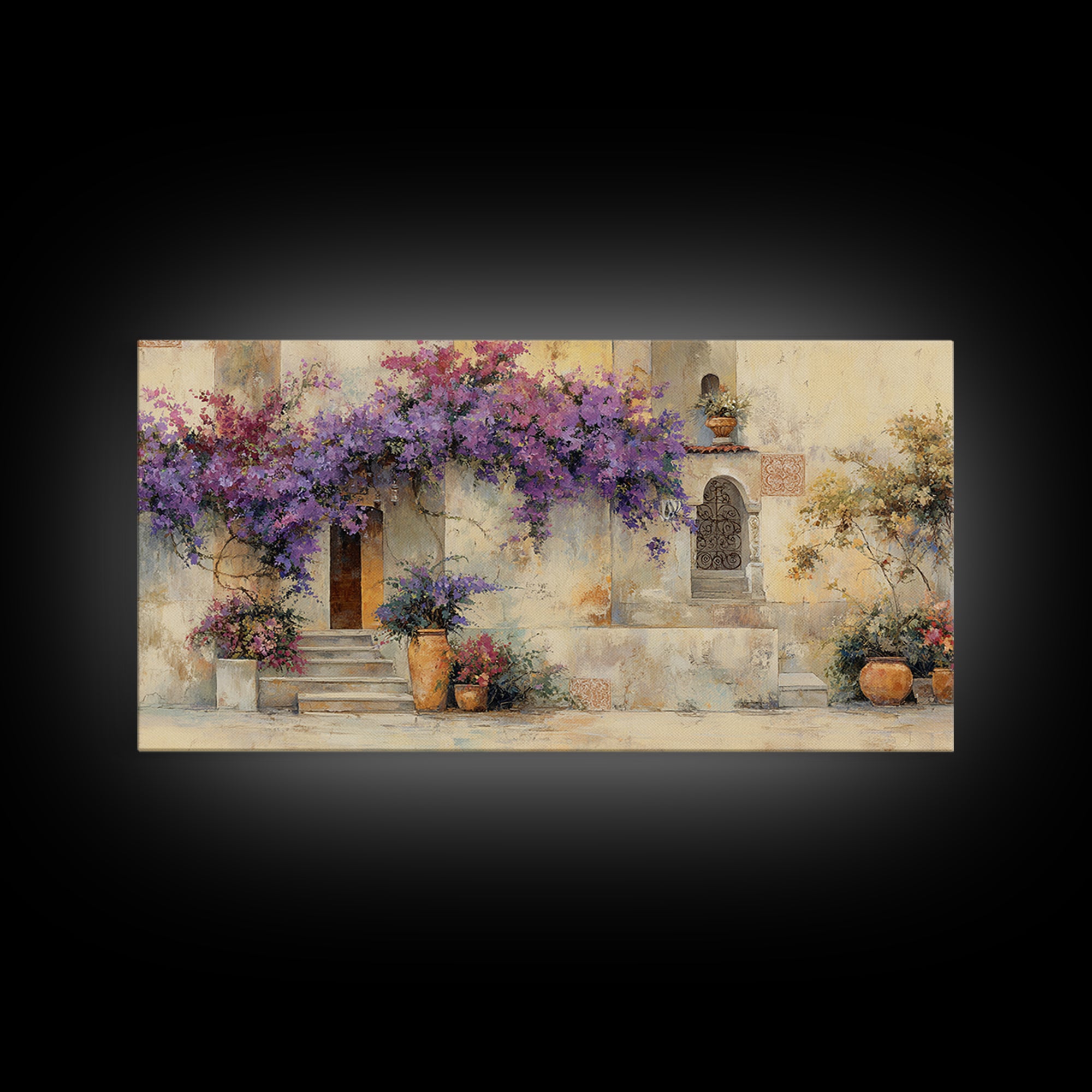 Bougainvillea Cascading over Stone Wall Canvas Print, Mediterranean Art, Home Decor, Living Room Decor, Fine Art, Azure, MAR-2x1-49