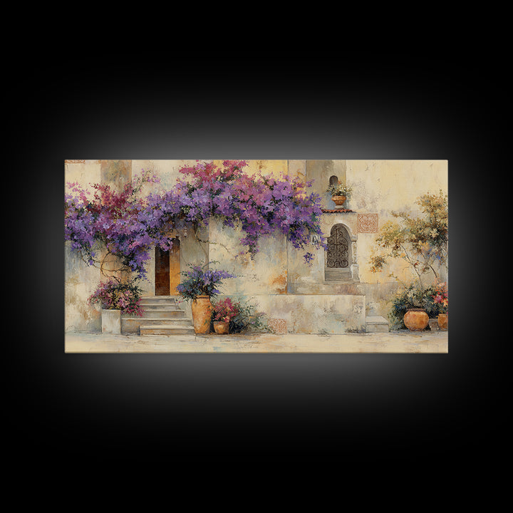 Bougainvillea Cascading over Stone Wall Canvas Print, Mediterranean Art, Home Decor, Living Room Decor, Fine Art, Azure, MAR-2x1-49