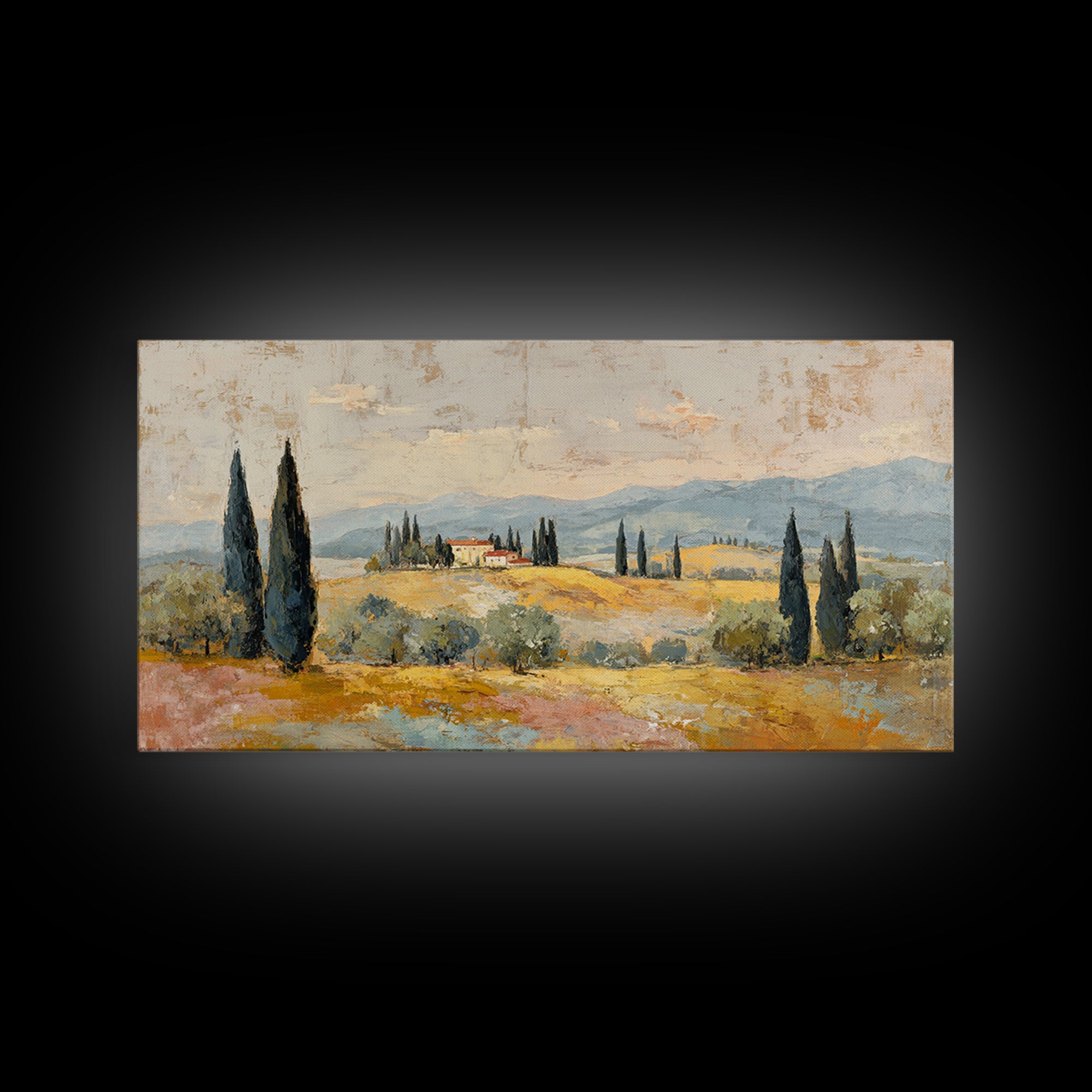 Tuscan Cypress Trees and Golden Hillside Framed Canvas Print, Mediterranean Art, Luxury Decor, Living Room Decor, Azure, MAR-2x1-50