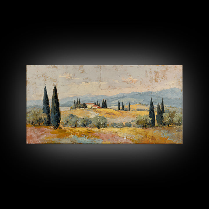Tuscan Cypress Trees and Golden Hillside Framed Canvas Print, Mediterranean Art, Luxury Decor, Living Room Decor, Azure, MAR-2x1-50