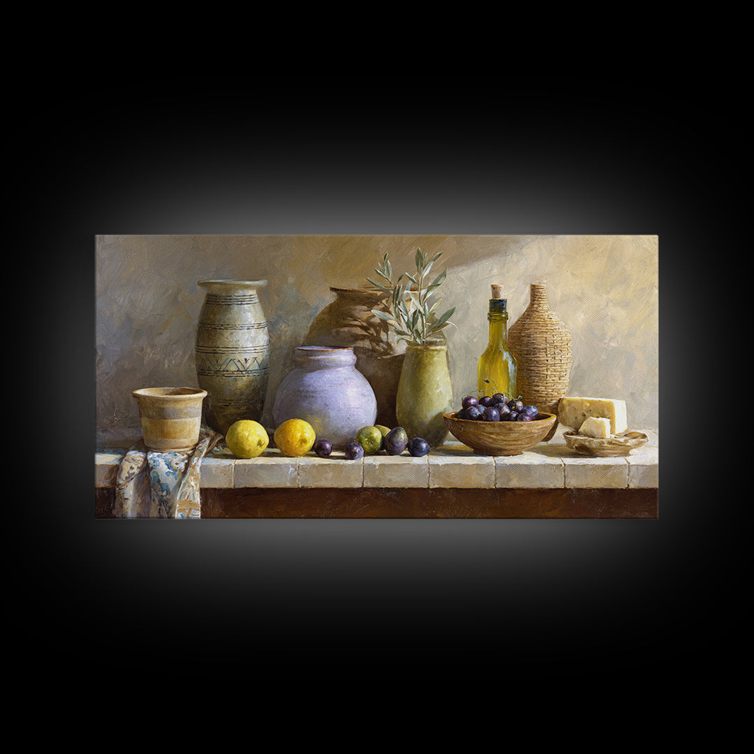 Figs Olives and Cheese Still Life Canvas Print, Mediterranean Art, Oil Painting, Living Room Decor, Azure, Nautical Decor, MAR-2x1-52