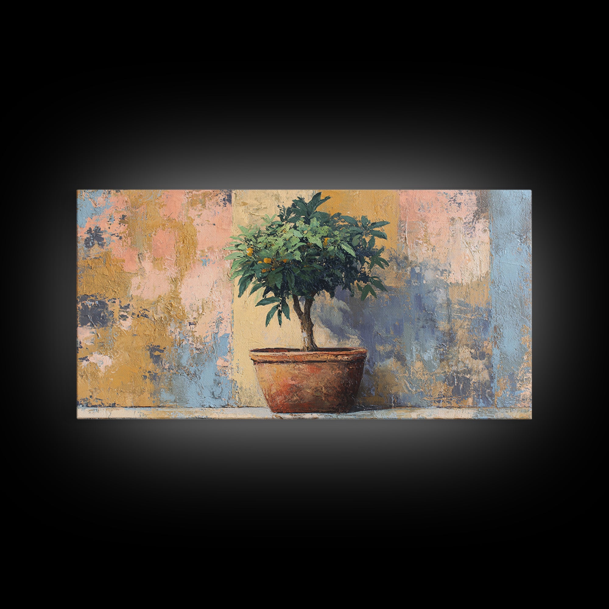 Citrus Tree in Clay Pot Framed Canvas Print, Mediterranean Art, Modern Decor, Living Room Decor, Fine Art, Azure, MAR-2x1-6