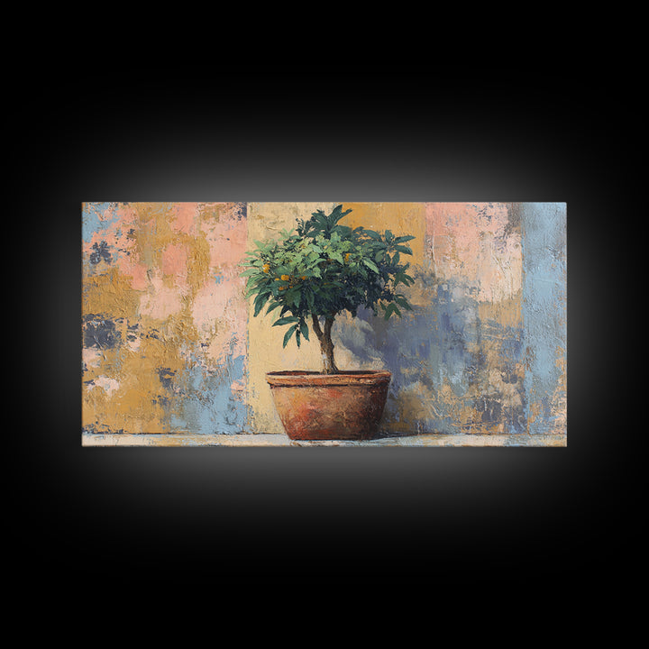 Citrus Tree in Clay Pot Framed Canvas Print, Mediterranean Art, Modern Decor, Living Room Decor, Fine Art, Azure, MAR-2x1-6