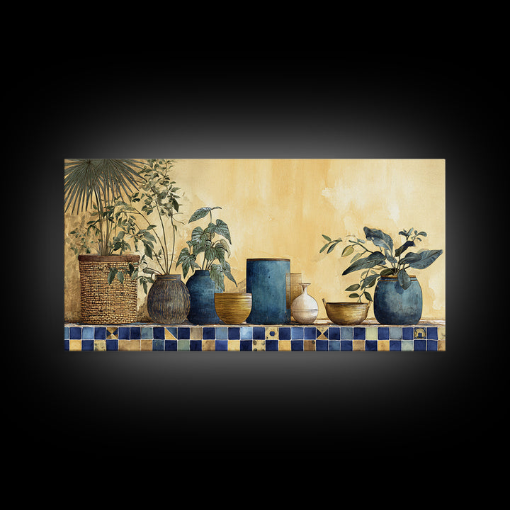 Spanish Tile Ornament Framed Canvas Print, Mediterranean Art, Large Wall Art, Living Room Decor, Oil Painting, Azure, MAR-2x1-60