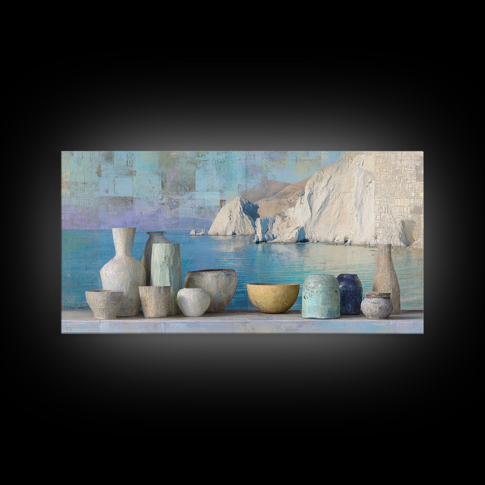 Coastal Cliffs with Sparkling Blue Water Canvas Print, Mediterranean Art, Framed Wall Art, Living Room Decor, Fine Art, Azure, MAR-2x1-64