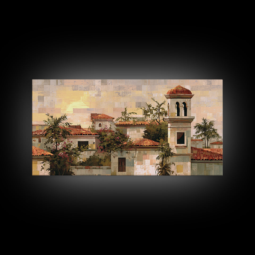 Sunset over Red Tiled Rooftops Framed Canvas Print, Mediterranean Art, Landscape Wall Art, Living Room Decor, Fine Art, Azure, MAR-2x1-67