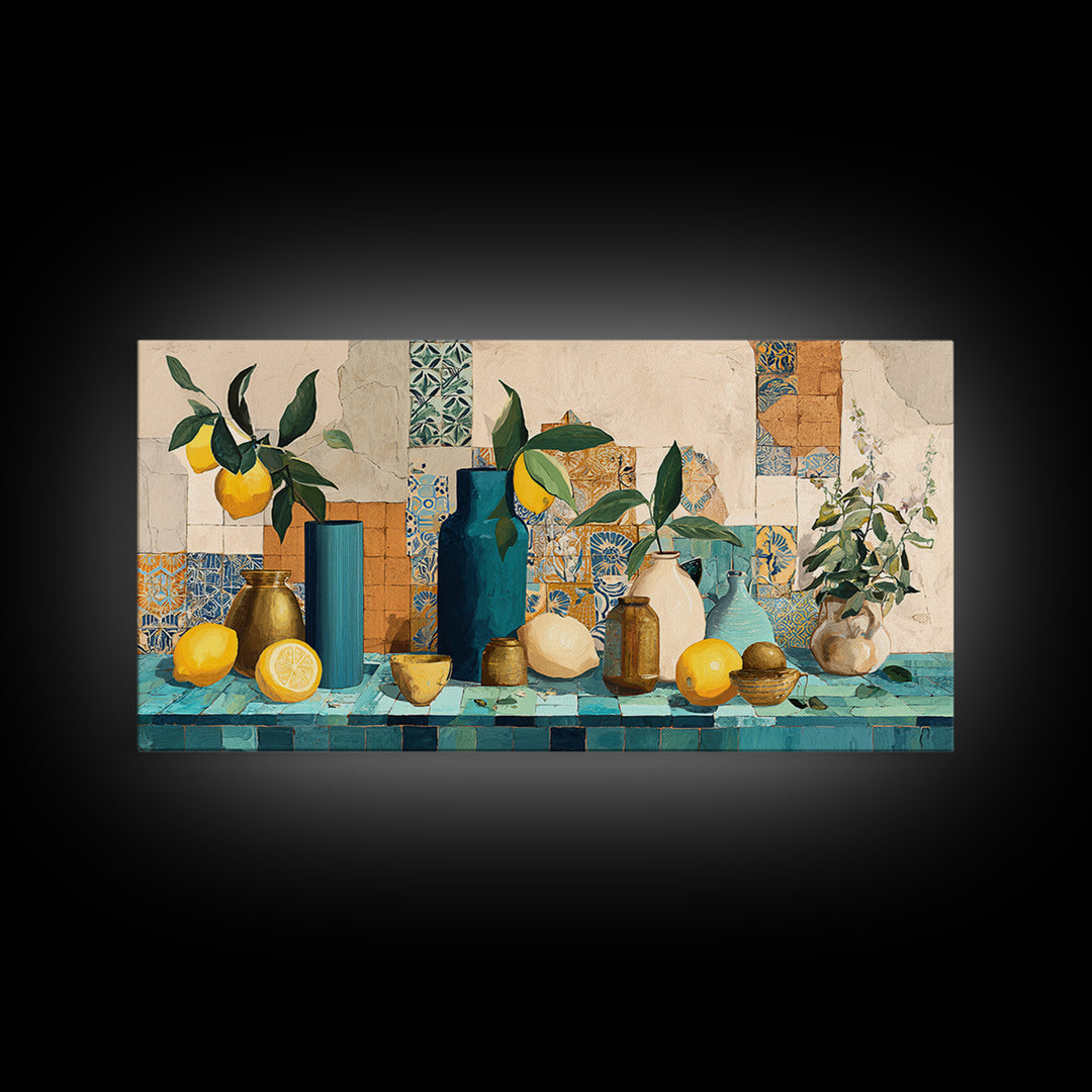 Olive Branch and Lemons on Terracotta Ground Canvas Print, Mediterranean Art, Minimalist Decor, Living Room Decor, Oil Painting, MAR-2x1-70
