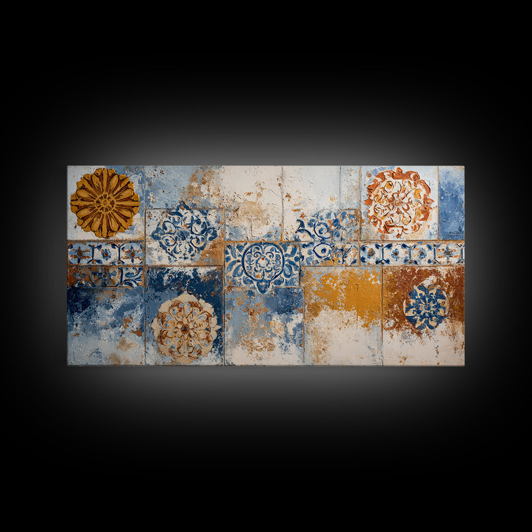 Blue and White Tile Pattern Framed Canvas Print, Mediterranean Art, Printable Art, Living Room Decor, Fine Art, Azure, MAR-2x1-72