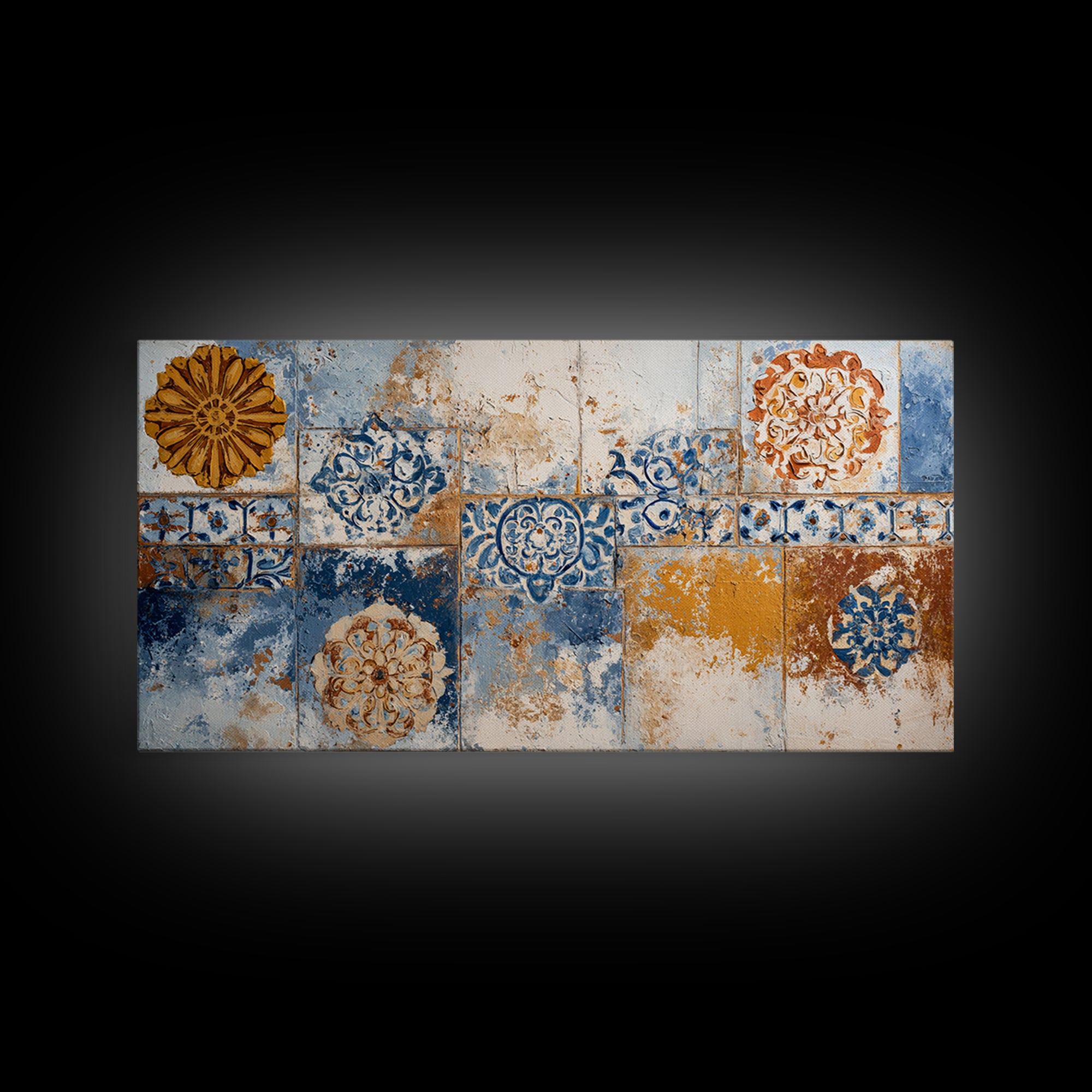 Blue and White Tile Pattern Framed Canvas Print, Mediterranean Art, Printable Art, Living Room Decor, Fine Art, Azure, MAR-2x1-72