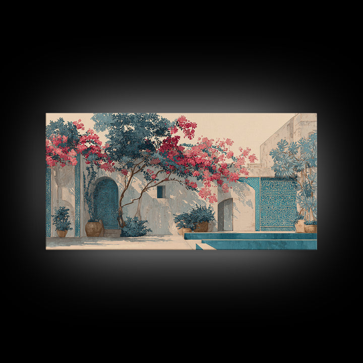 Bougainvillea Cascading over Stone Wall Canvas Print, Mediterranean Art, Home Decor, Living Room Decor, Fine Art, Azure, MAR-2x1-73