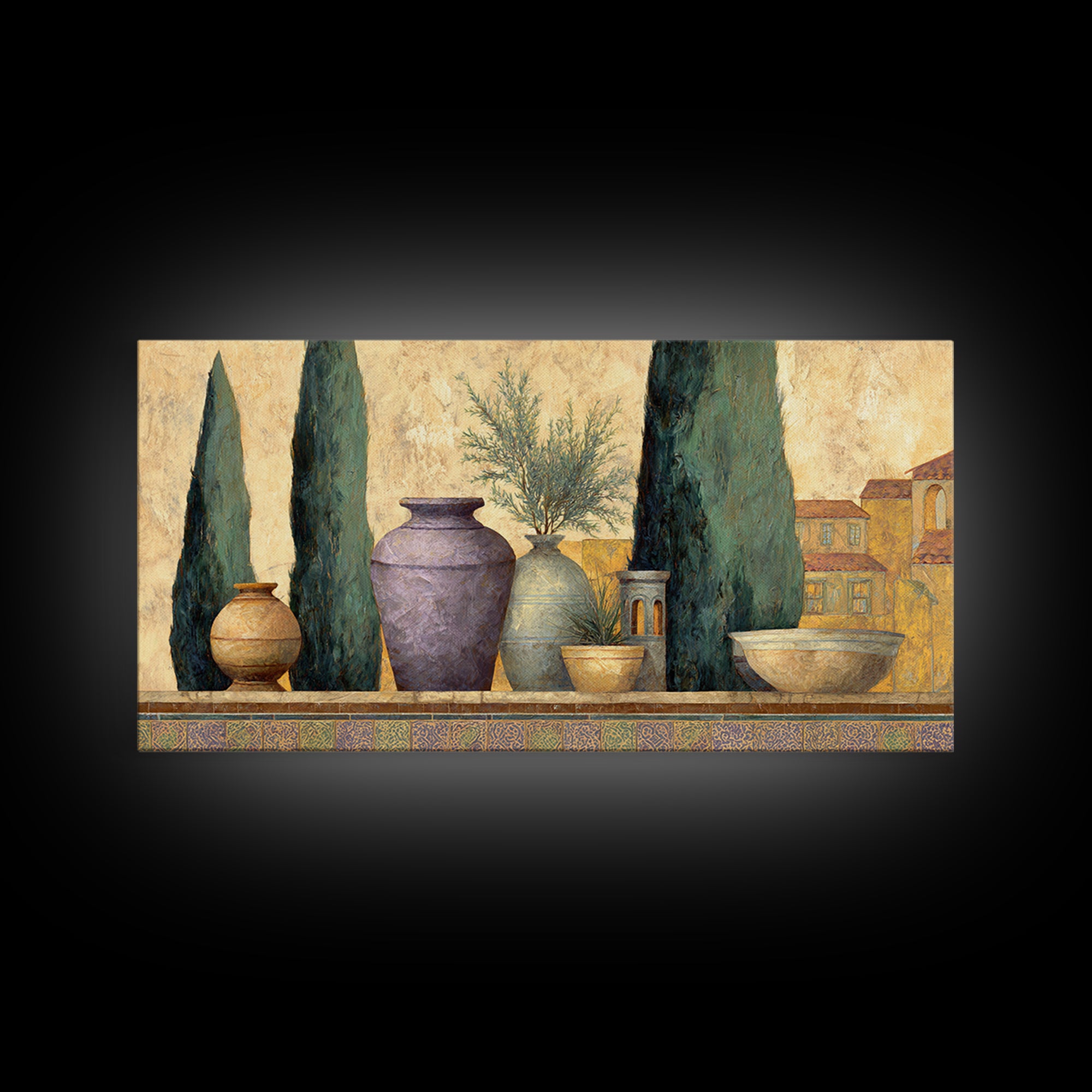 Tuscan Cypress Trees and Golden Hillside Canvas Print, Mediterranean Art, Living Room Decor, Watercolor Art, Azure, MAR-2x1-74