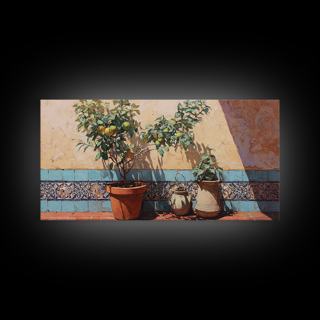 Citrus Tree in Clay Pot Canvas Print, Mediterranean Art, Art Print, Living Room Decor, Fine Art, Azure, Digital Print, MAR-2x1-78