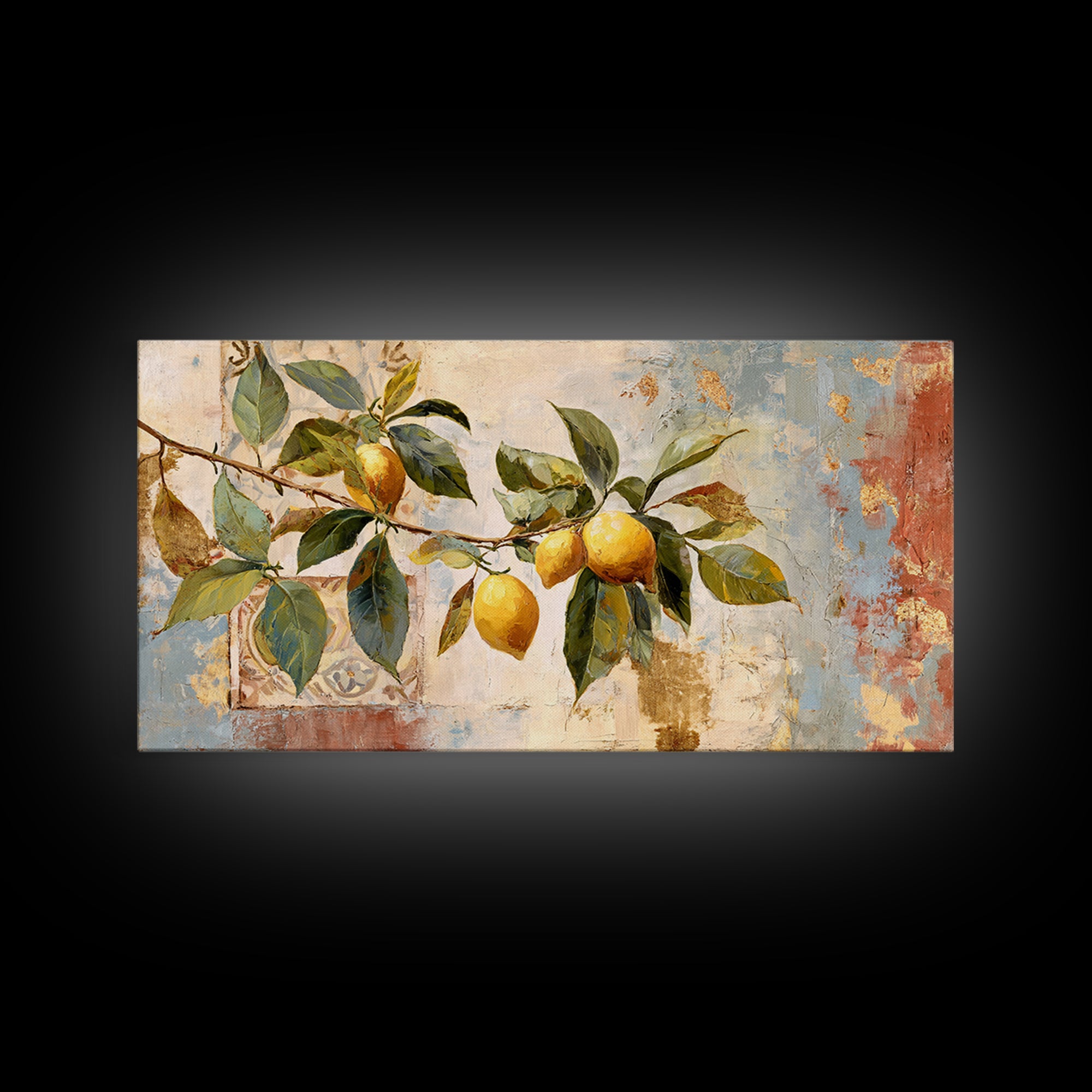 Sicilian Lemon Branch on Ivory Background Framed Canvas Print, Mediterranean Art, Original Painting, Living Room Decor, Azure, MAR-2x1-81