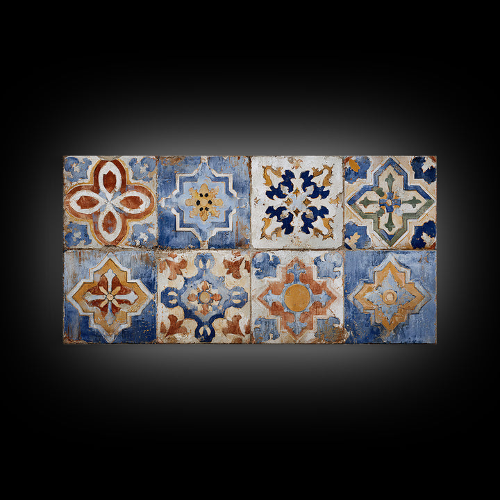 Spanish Tile Ornament Framed Canvas Print, Mediterranean Art, Coastal Wall Art, Living Room Decor, Azure, Living Room Art, MAR-2x1-84