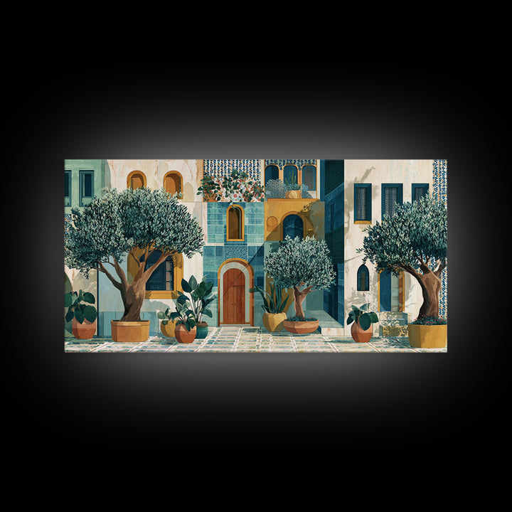 Olive Grove under Pale Morning Light Framed Canvas Print, Mediterranean Art, Oil Painting, Living Room Decor, Fine Art, Azure, MAR-2x1-85