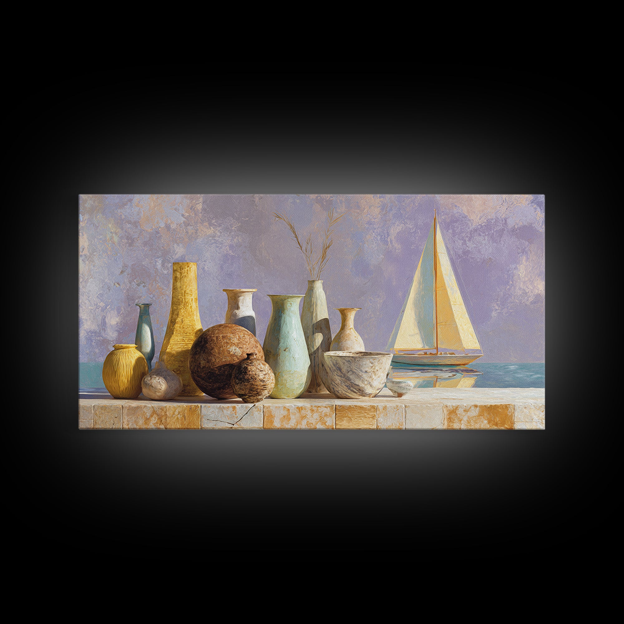 Mediterranean Sailboat on Glassy Water Framed Canvas Print, Mediterranean Art, Textured Painting, Living Room Decor, Azure, MAR-2x1-86