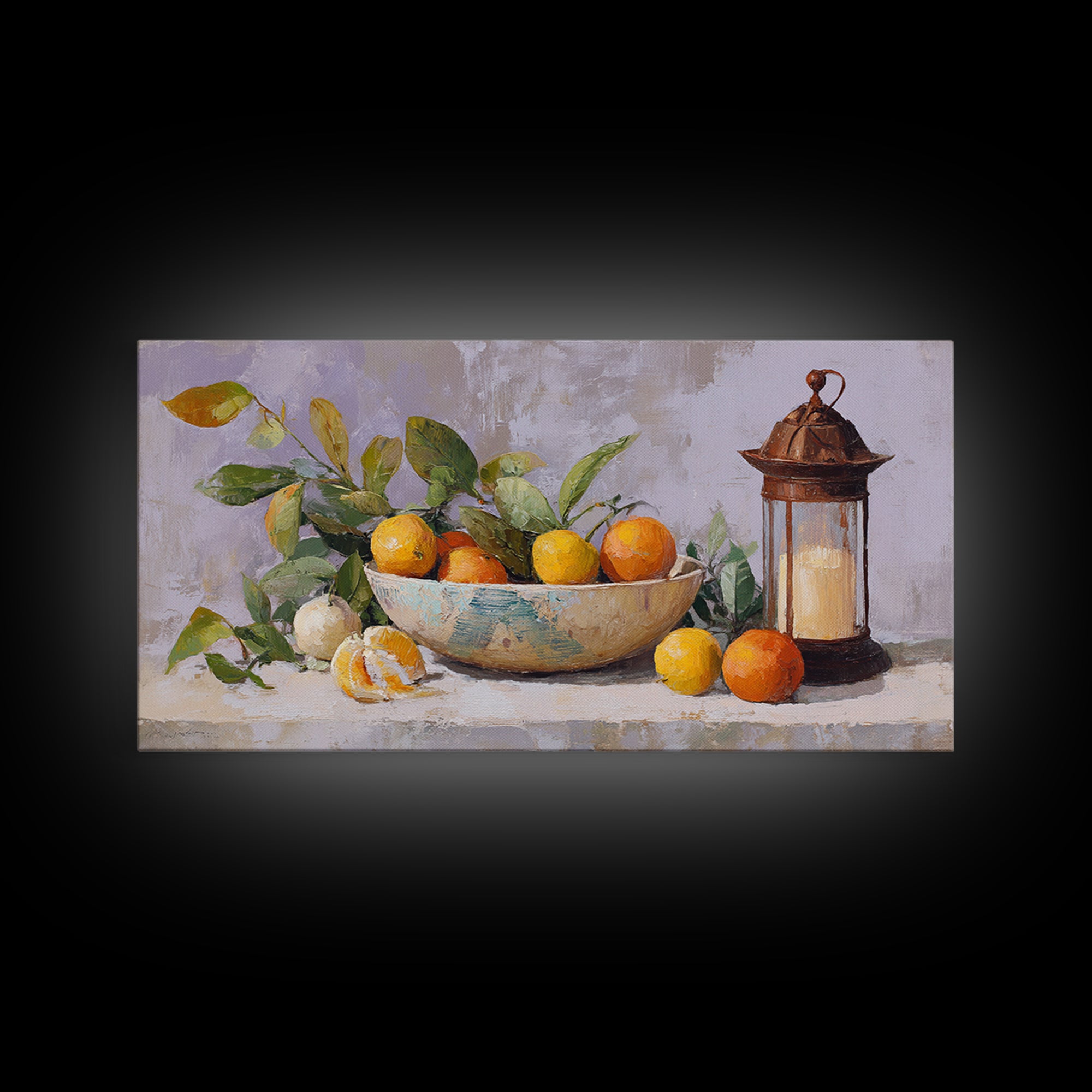 Ceramic Bowl of Oranges and Leaves Canvas Print, Mediterranean Art, Digital Wall Art, Living Room Decor, Fine Art, Azure, MAR-2x1-89