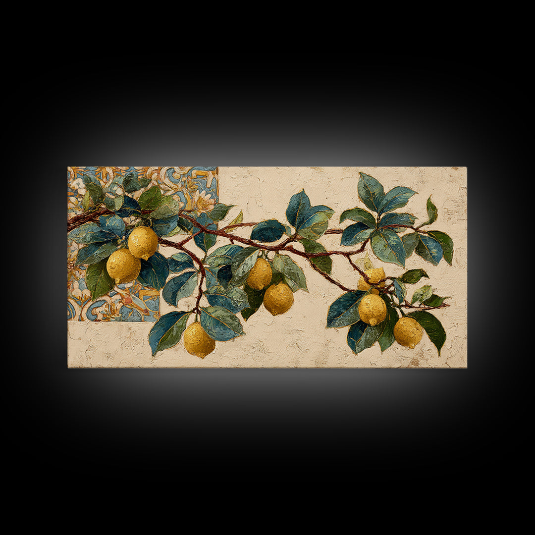 Sicilian Lemon Branch on Ivory Background Canvas Print, Mediterranean Art, Statement Artwork, Living Room Decor, Azure, MAR-2x1-9
